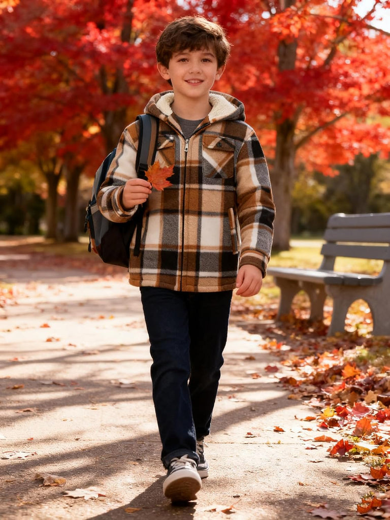 Boys Fleece Jacket with Hood Unisex Child Sherpa Lined Zip Up Warm Coat Hooded Sweatshirt Outerwear