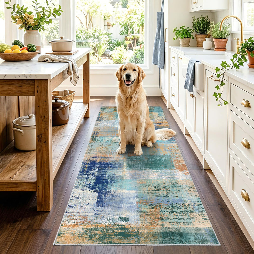 Abstract Runner Rug Washable Runner Rugs Non-Slip Rug Blue Blocks