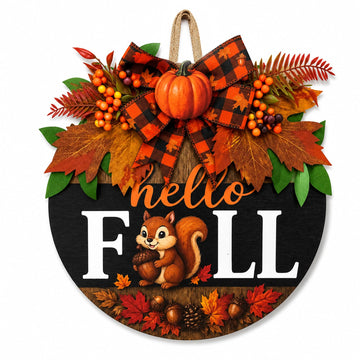 Fall Wreaths for Front Door Hello Fall Squirrel Door Hanger Thanksgiving Decor (Cute Hello Fall)
