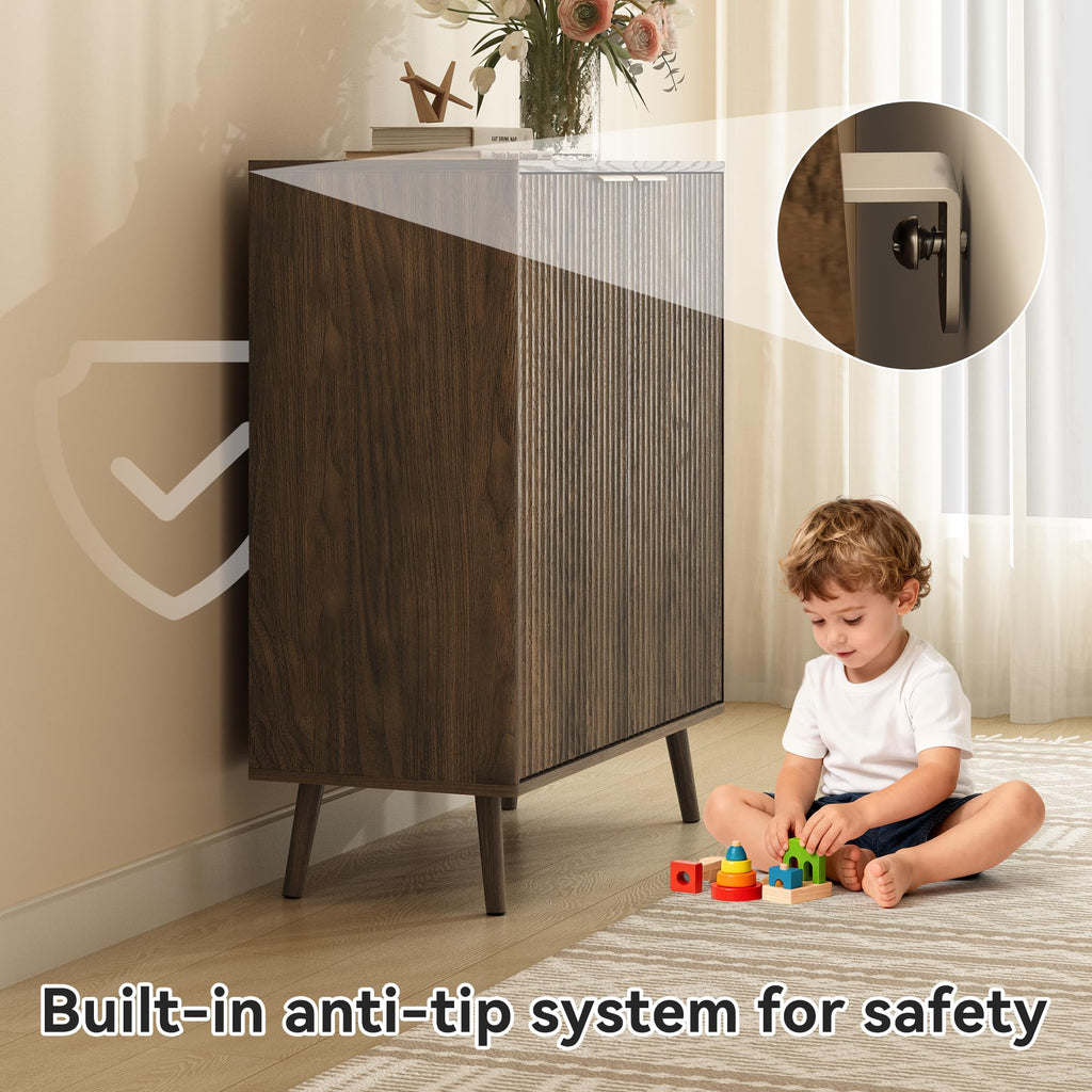 5-Tier Shoe Storage Cabinet with Adjustable Shelves, Walnut丨Fluted Shoe Cabinet with Doors, Wooden Freestanding Shoe