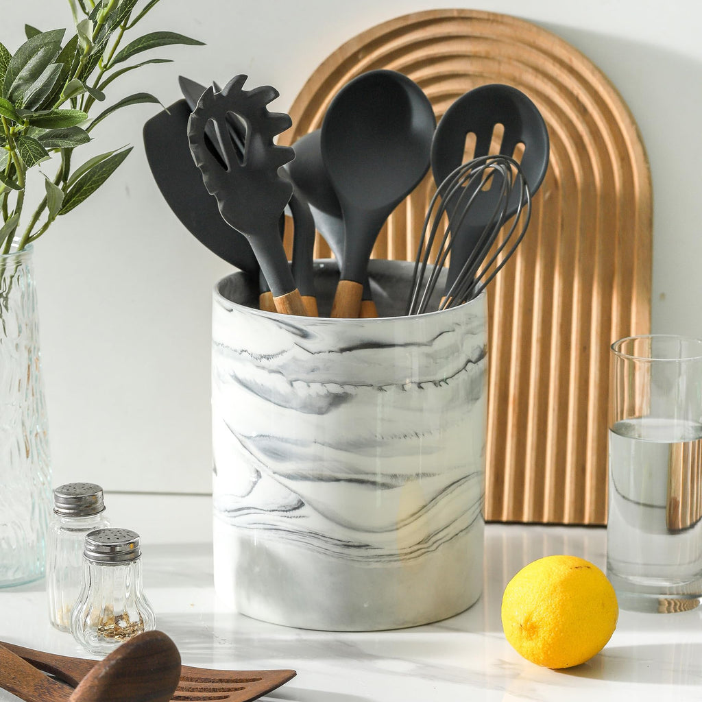 7.2 inch Large Utensil Holder Counter, Golden Marble Utensil Crock Spatula Holder for Countertop Cooking Tools
