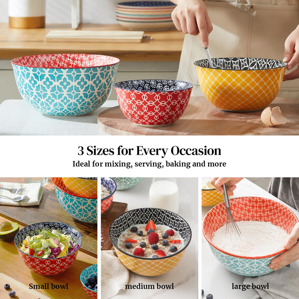Mixing Bowls, Ceramic Mixing Bowls, Colorful Vibrant Nesting Bowls for Cooking, Baking, Prepping, Serving, Salad