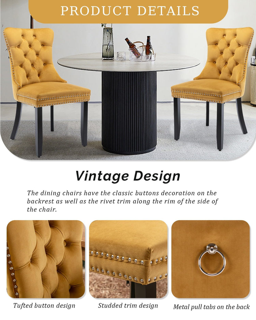 Velvet Dining Chairs Set of 2 Tufted Kitchen Chair Wood Legs, Gold