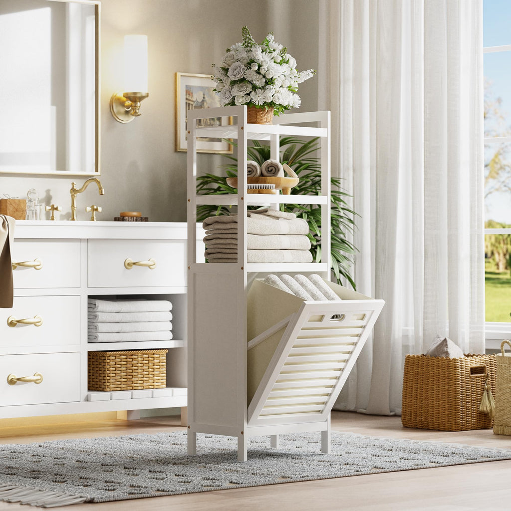 Bamboo Tilt Out Hamper, 10 Gal Bathroom Laundry Cabinet with Hidden Foldable Basket, Freestanding Clothes Storage