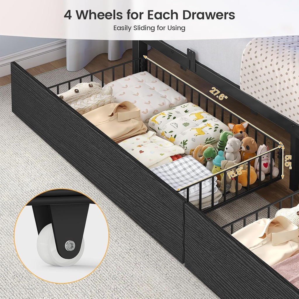 Bunk Bed Twin Over Twin with Stairs, LED Lights Twin Bunk Bed with 2 Storage Drawers & 6 Fabric Drawers