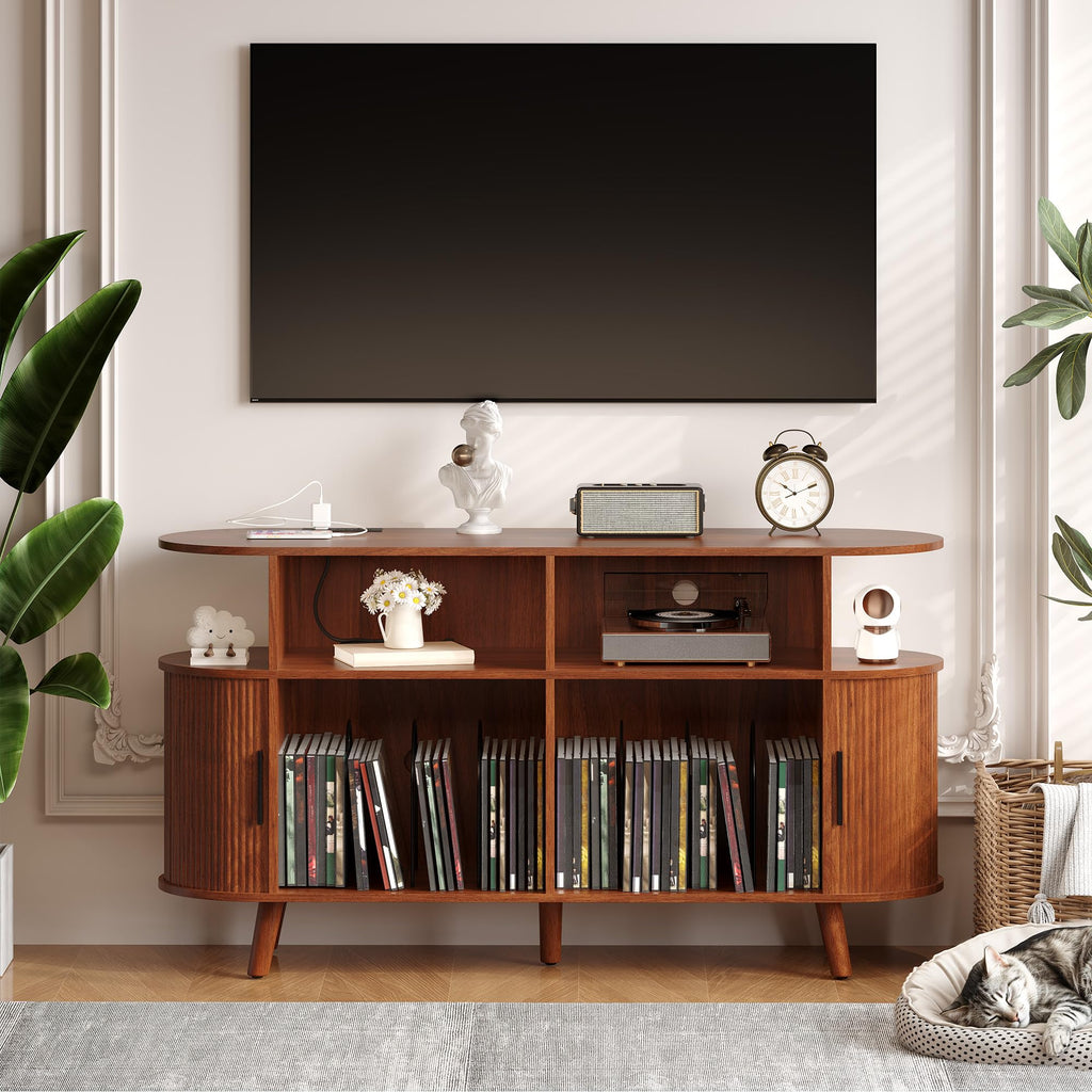 55'' Fluted Mid Century Modern Turntable Cabinet with Vinyl Storage, Large Round Record Player Stand with Charging
