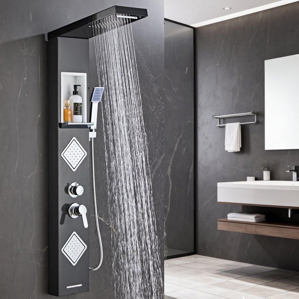 Shower Panel Tower System with Storage- Brushed Black