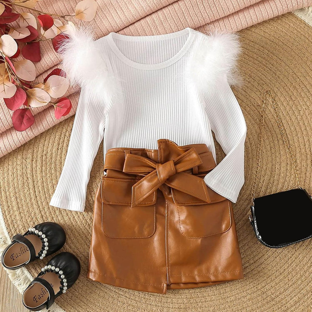 Kids Toddler Baby Girls Spring Summer Solid Cotton Ribbed Long Sleeve Tops Leather Skirt Outfits Neutral Baby