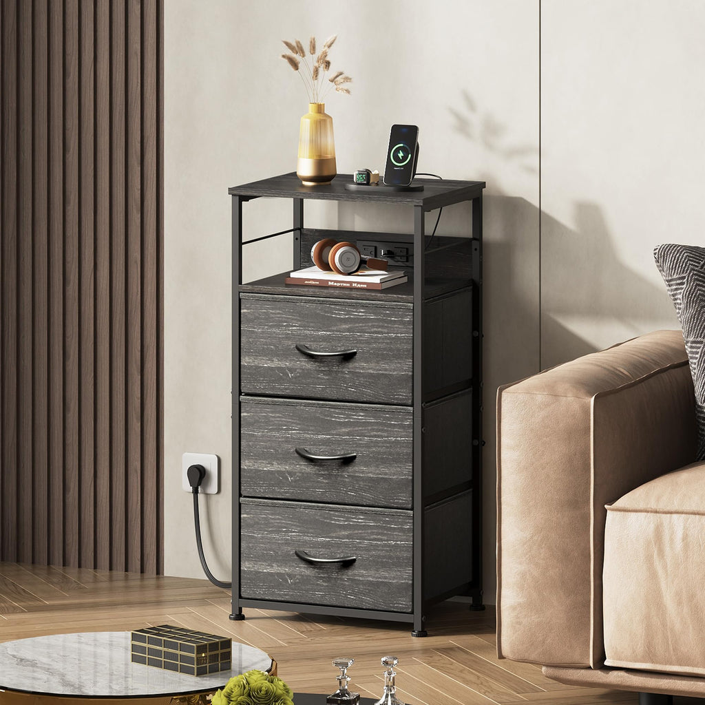 Night Stand with Charging Station, Charcoal Black Tall Bedside Table