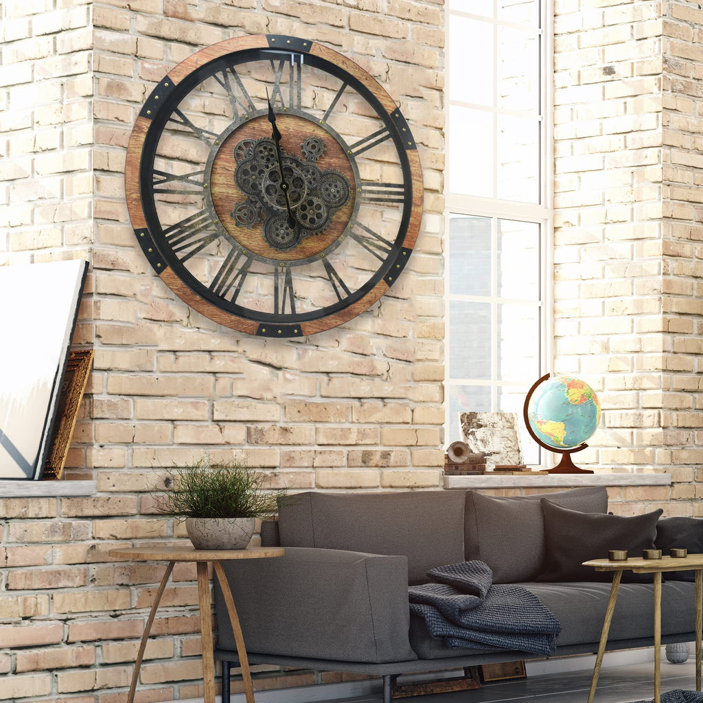 27 inch Large Real Moving Gears Wall Clock with Toughened Glass Cover, Oversized Vintage Solid Wood Farmhouse Clock