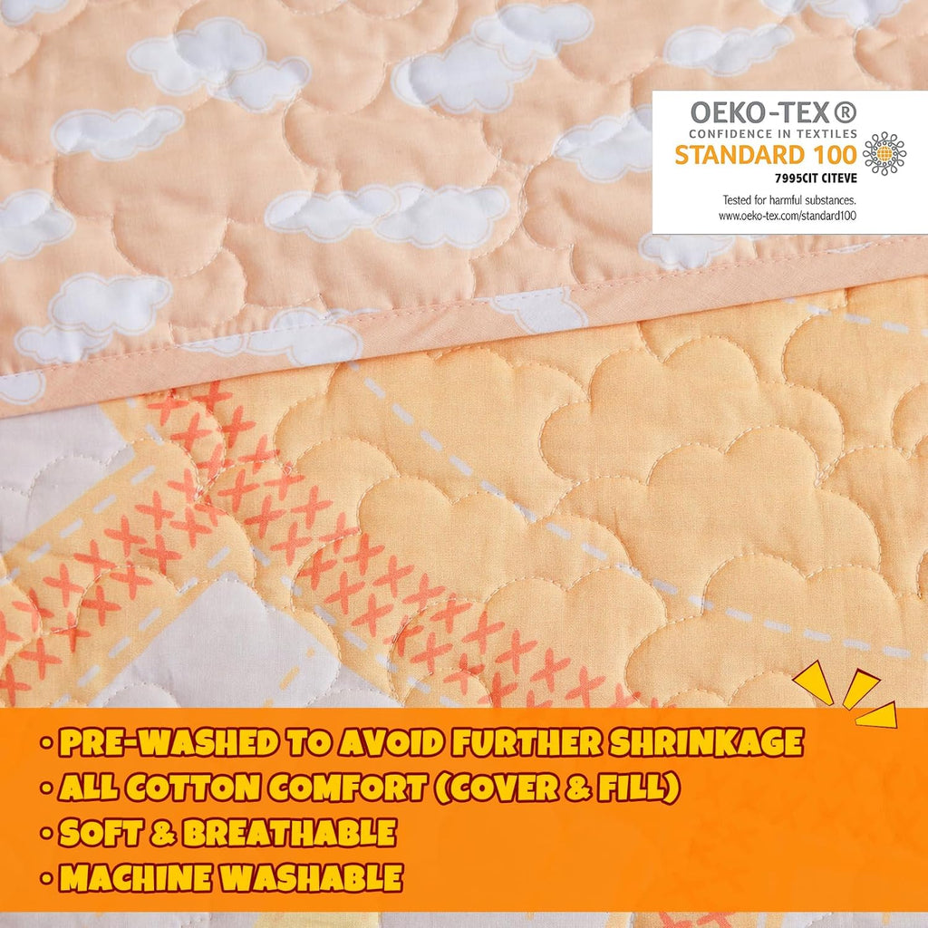 Kids Twin Quilt Bedding Set, Cotton Coverlet Sun Girls Bedding Set Rainbow & Clouds Reversible Dawn Light & Breathable Sham Throw Pillow Twin Yellow/Coral 3 Piece