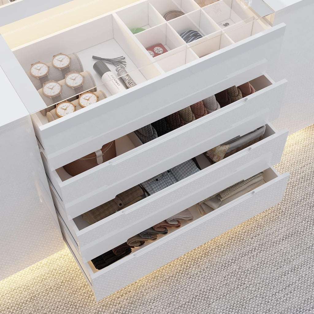 Armoire Bedroom Island Wardrobe Closet Island with 16 Drawers & Glass Tabletop, Island Dresser with Jewelry