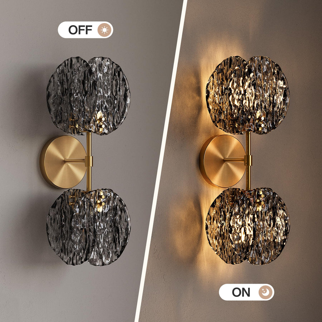 Crystal Gold Wall Sconce,Brass Modern Double Light Wall Sconce with Textured Smoke Glass Shade,Luxury