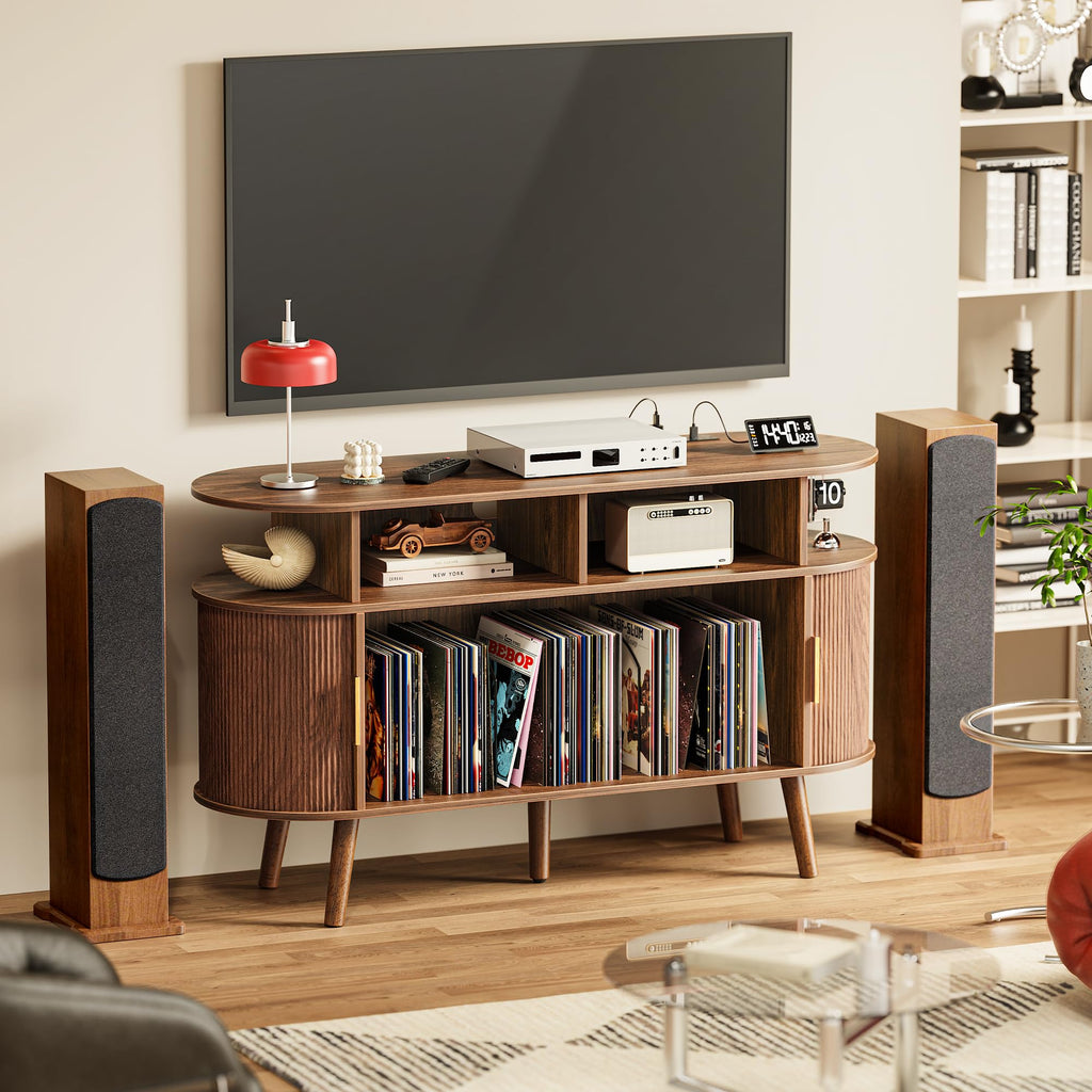 47.2 Inch Large Record Player Stand with Power Outlets & 3-Color Lights, Vinyl Record Stand with 2 Fluted Cabinets