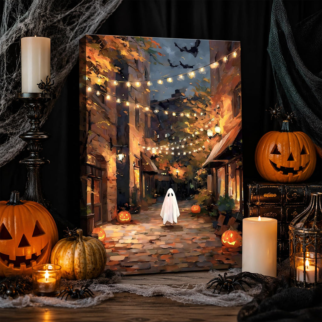 Framed Halloween Ghost Street Wall, Pumpkin Lantern Night Town Canvas Prints, Cozy Spooky Wall Decor Pictures Canvas