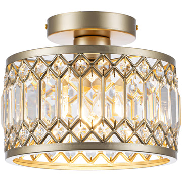 9 Inch Crystal Ceiling Light, Gold Semi Flush Mount Light Fixture, Small Flush Mount Chandelier, Modern Light Fixture