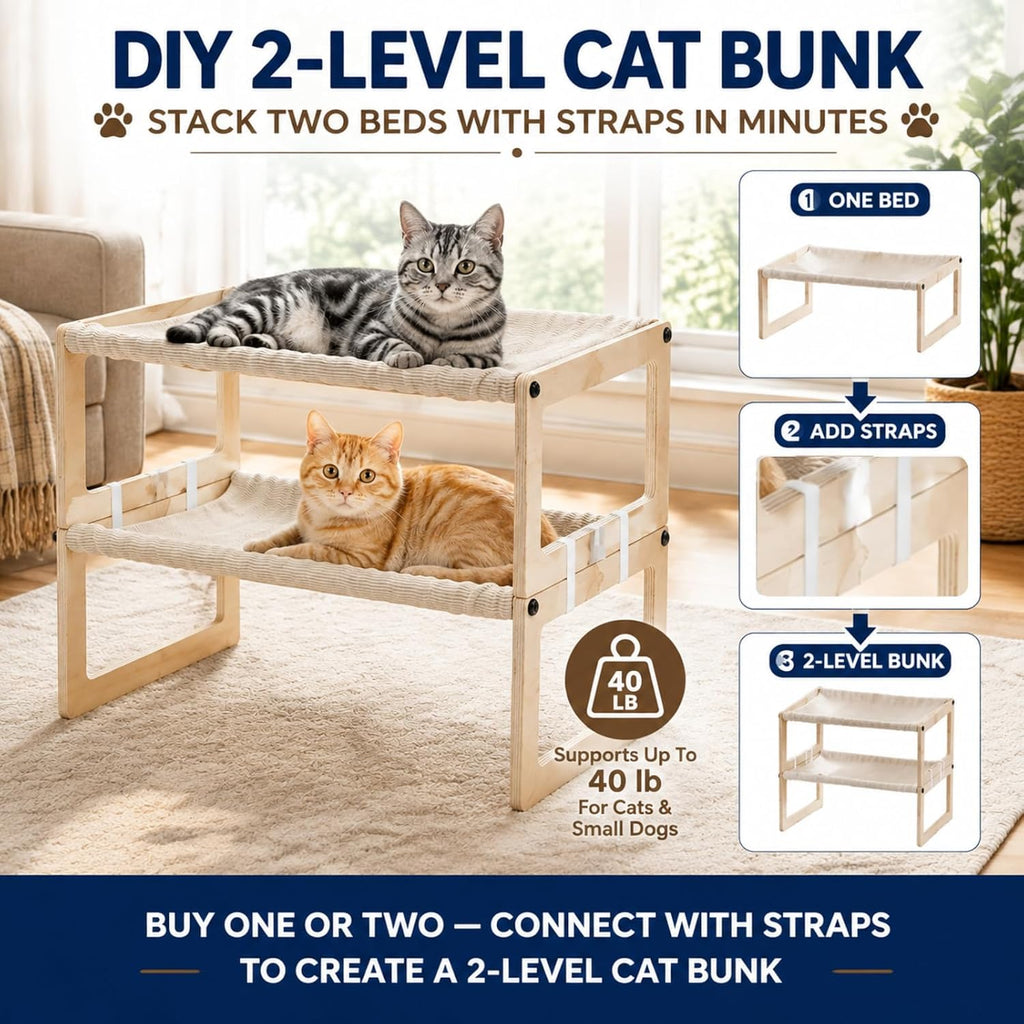 Elevated Cat Bed, Wooden Cat Hammock with Breathable Washable Cushion