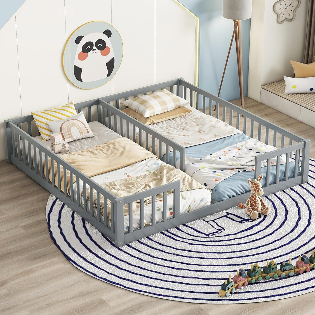 Double Floor Bed for Twins, Two Shared Beds, Floor Bed for 2 Kids, Double Bed with Guardrails for