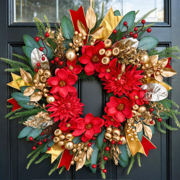 24 Inch Red & Gold Christmas Wreath for Front Door with Velvet Ribbon