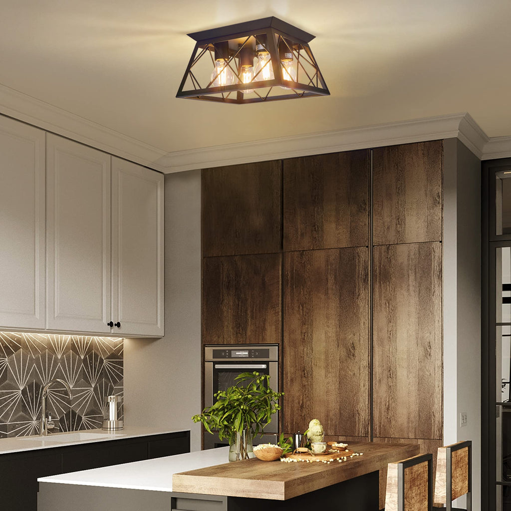 4-Light Black Flush Mount Ceiling Light Hallway, Industrial Close to Ceiling Lighting, Farmhouse Square Cage Lamp