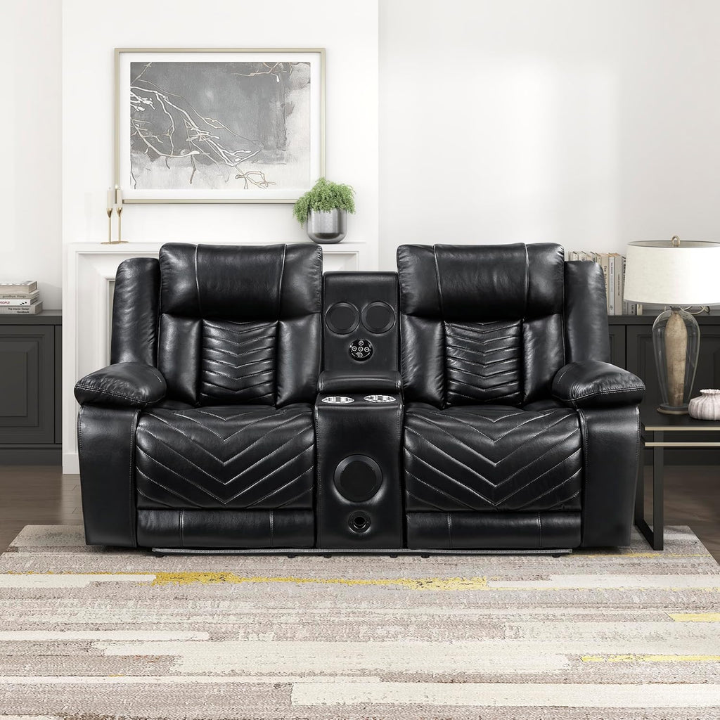 Lexicon Wall Hugger Power Double Reclining Loveseat with Console, Faux Leather Home Theater Seating with LED Lighting