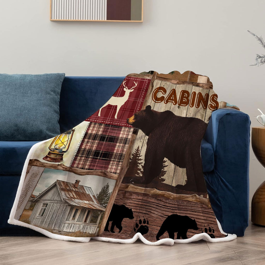Rustic Cabin Throw Blankets, Vintage Country Antique Lodge Bear Deer Lake Maple Flannel Cozy Fuzzy Plush Couch Throw