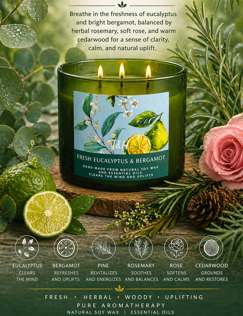Fresh Eucalyptus Bergamot 3-Wick Large Soy Scented Candle, 15.8 oz