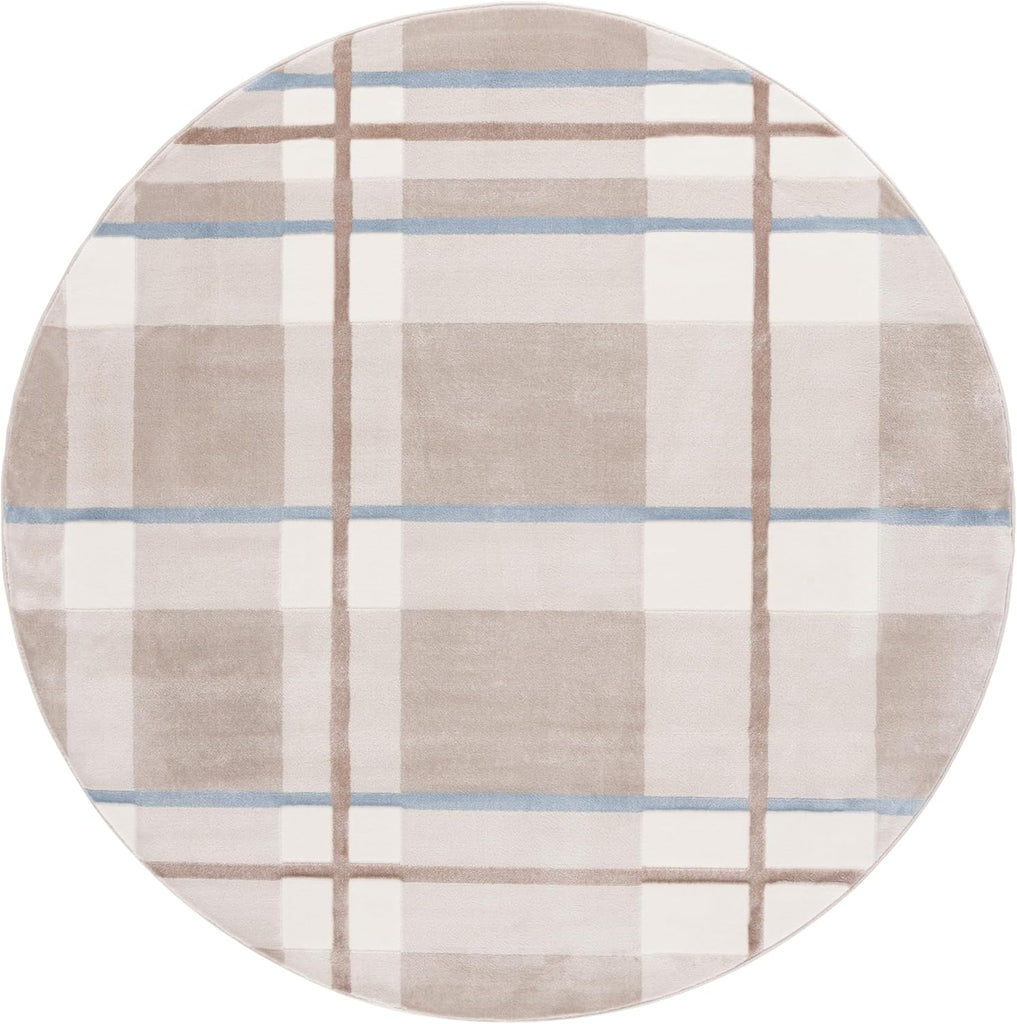 Groove Collection Area Rug - 7' Round, Beige & Light Blue, Plaid Design, Non-Shedding & Easy Care, Ideal for The