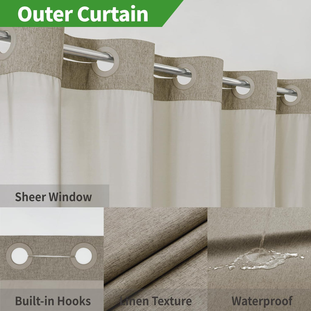 Extra Long No Hooks Needed Linen Textured with Snap-in Fabric Liner Set, Hotel Luxury Decor Shower Curtains