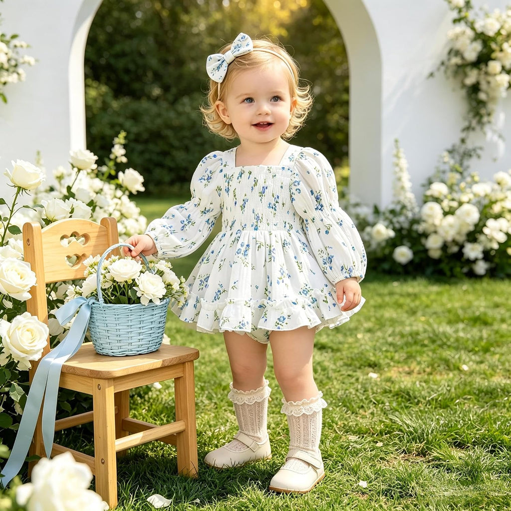 Baby Girl Romper Dress Smocked Long Sleeve Jumpsuit & Headband for Infants
