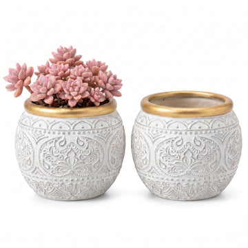 2Pcs 5.9 Inch Cement Planters, Vintage Planter with Gold Rim and Drainage Holes, Decorative Indoor Containers for