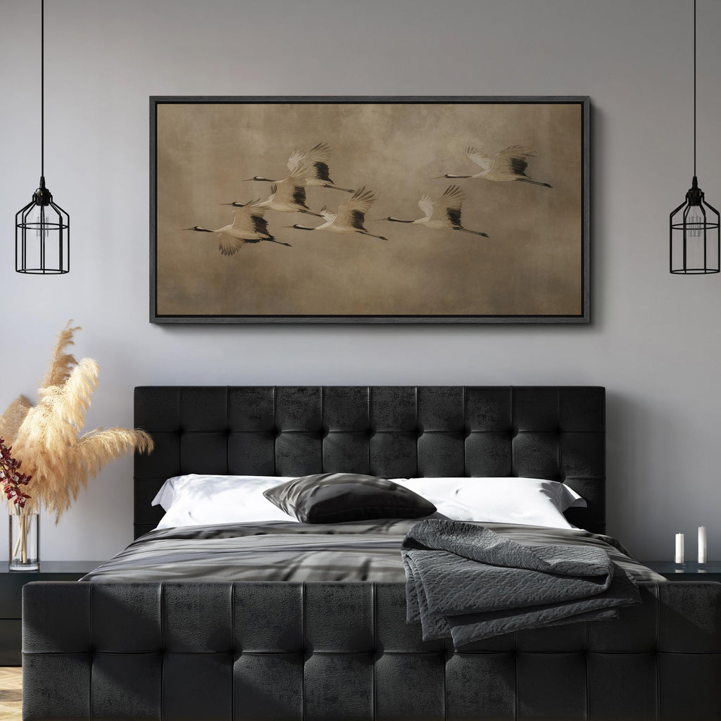 Extra Large Framed Canvas Print Wall Art Elegant Flying Cranes in Warm Beige Sky Illustrations Retro Fine Art