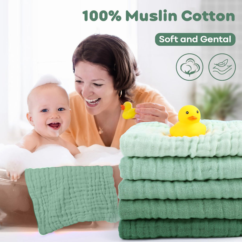 Muslin Baby Washcloths 100% Organic Cotton Face Towels 10 Pack Wash Cloths for Baby 12x12in Soft and Absorbent Baby