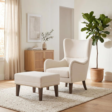 Accent Wingback Chair with Ottoman, Upholstered High Back Reading Chair, Beige Linen Blend Armchair with Nailhead