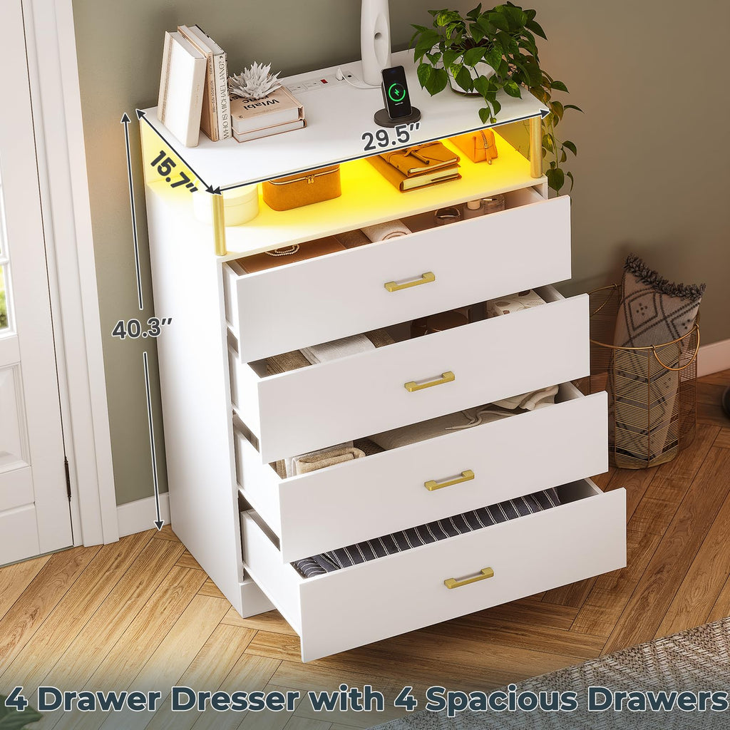 White with Column Design, 4 Drawer with Charging Station, Modern Bedroom Led Tall Closet