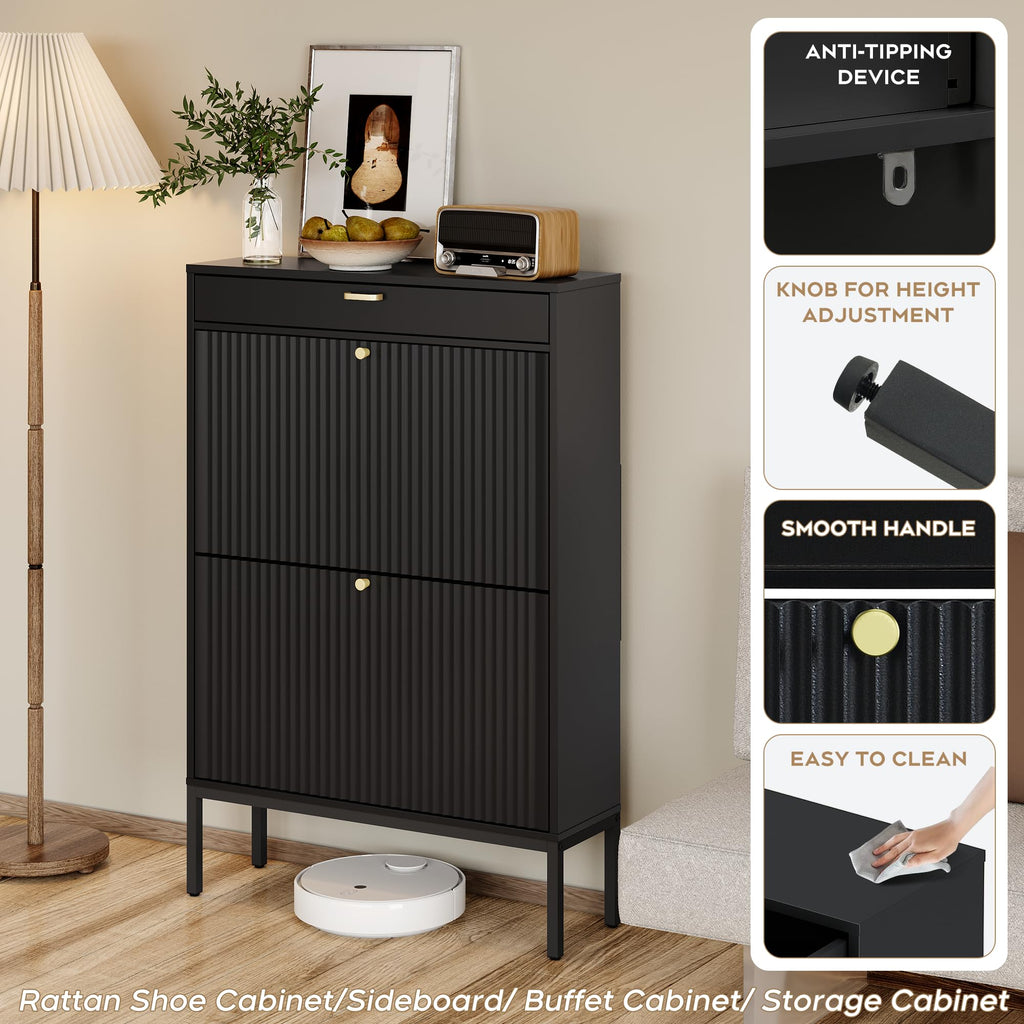 Shoe Rack Storage Organizer, Shoe Storage Cabinet with 2 Flip Drawers&1 Small Drawer, Slim Entryway Shoe Organizer