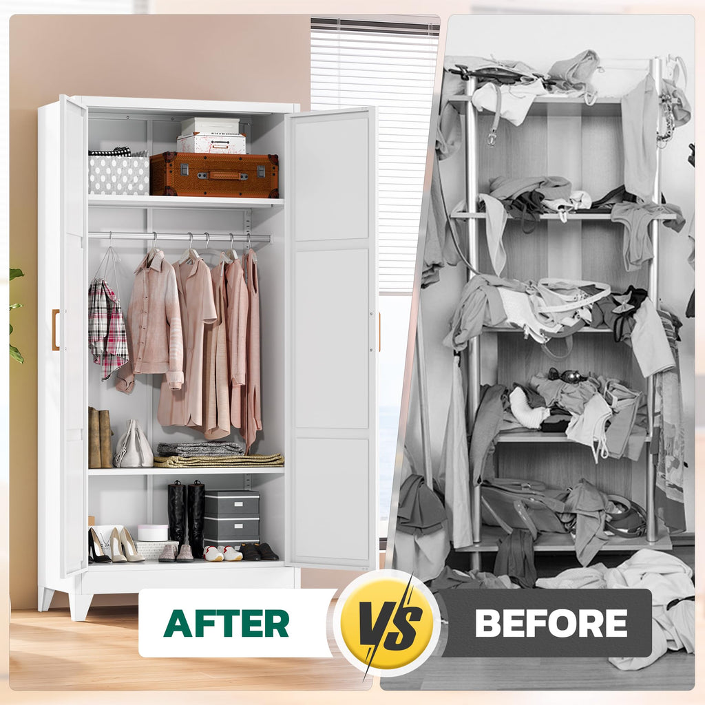 Metal Wardrobe Cabinet, 19" D x 34" W x 71" H Metal Wardrobe Closet with Hanging Rods and Adjustable Shelves, Clothing