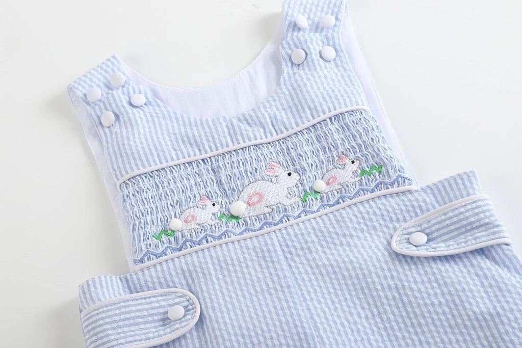 Baby Boys Bunny Smocked Jon Jons Seersucker Shortalls Cotton Toddler Spring Summer Outfit with Snaps Gift Wear