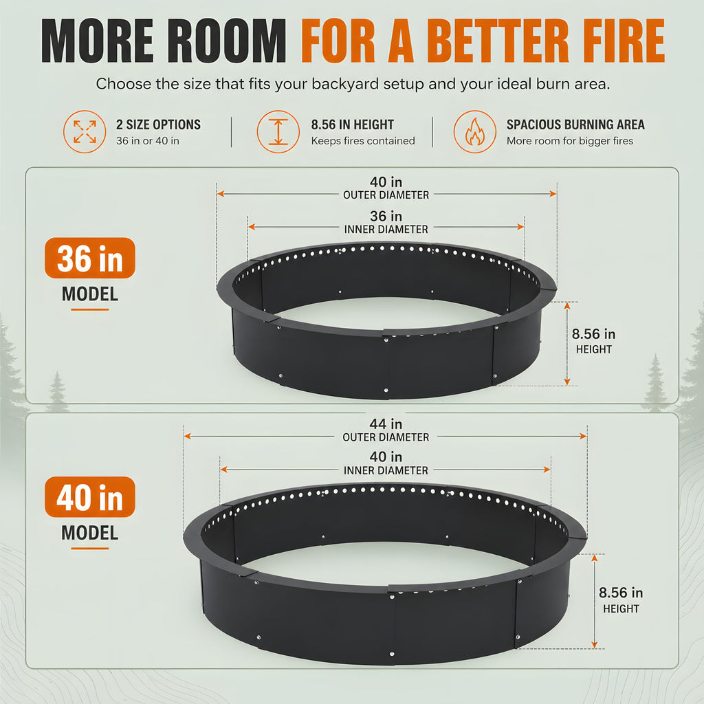 Smokeless Fire Pit Ring, 36 Inch Inner / 40 Inch Outer Steel Fire Ring Insert with Air Vent Design, 8-Piece DIY Round