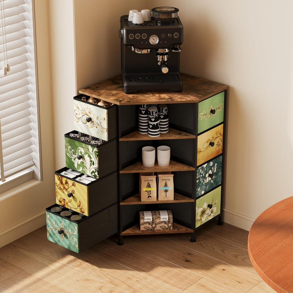 8 Drawers Corner Dresser with Fabric Drawers and Shelf | Retro Corner dresser with wooden top&4 open shelves,Corner
