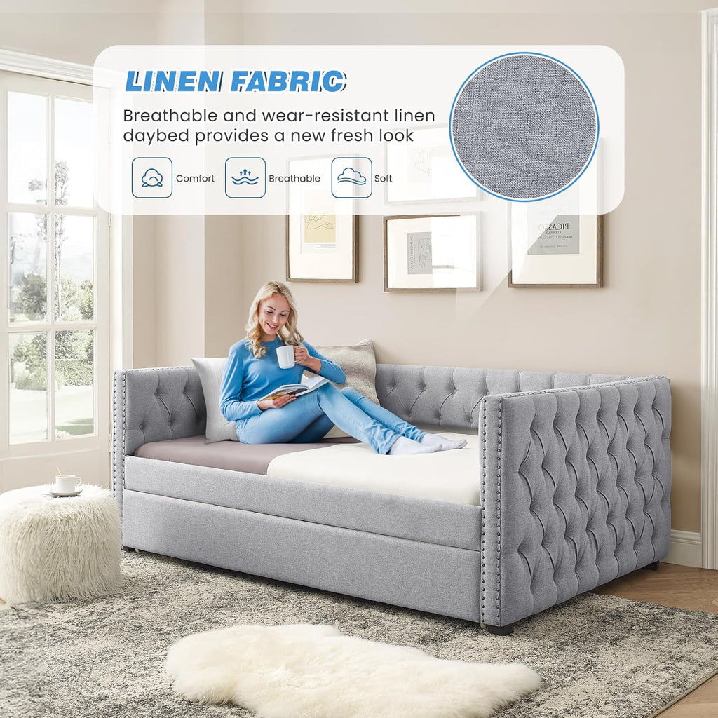 Daybed with Trundle, Modern Upholstered Full Size Day Bed Button-Tufted Sofa Daybed Frame with A Roll-Out Trundle, No