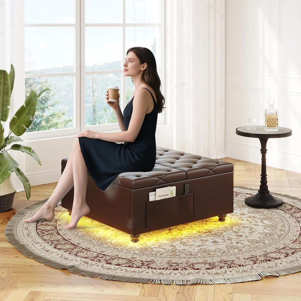 31.5 Inch Large Leather Ottoman with Storage and LED Lights, PU Brown | Lift Top Tufted Upholstered Ottoman Coffee