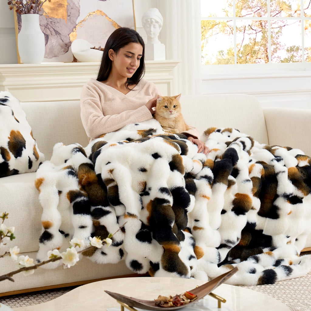 Bliss Bubble Faux Fur Throw Blanket for Couch, Cow Print, 50"x60"
