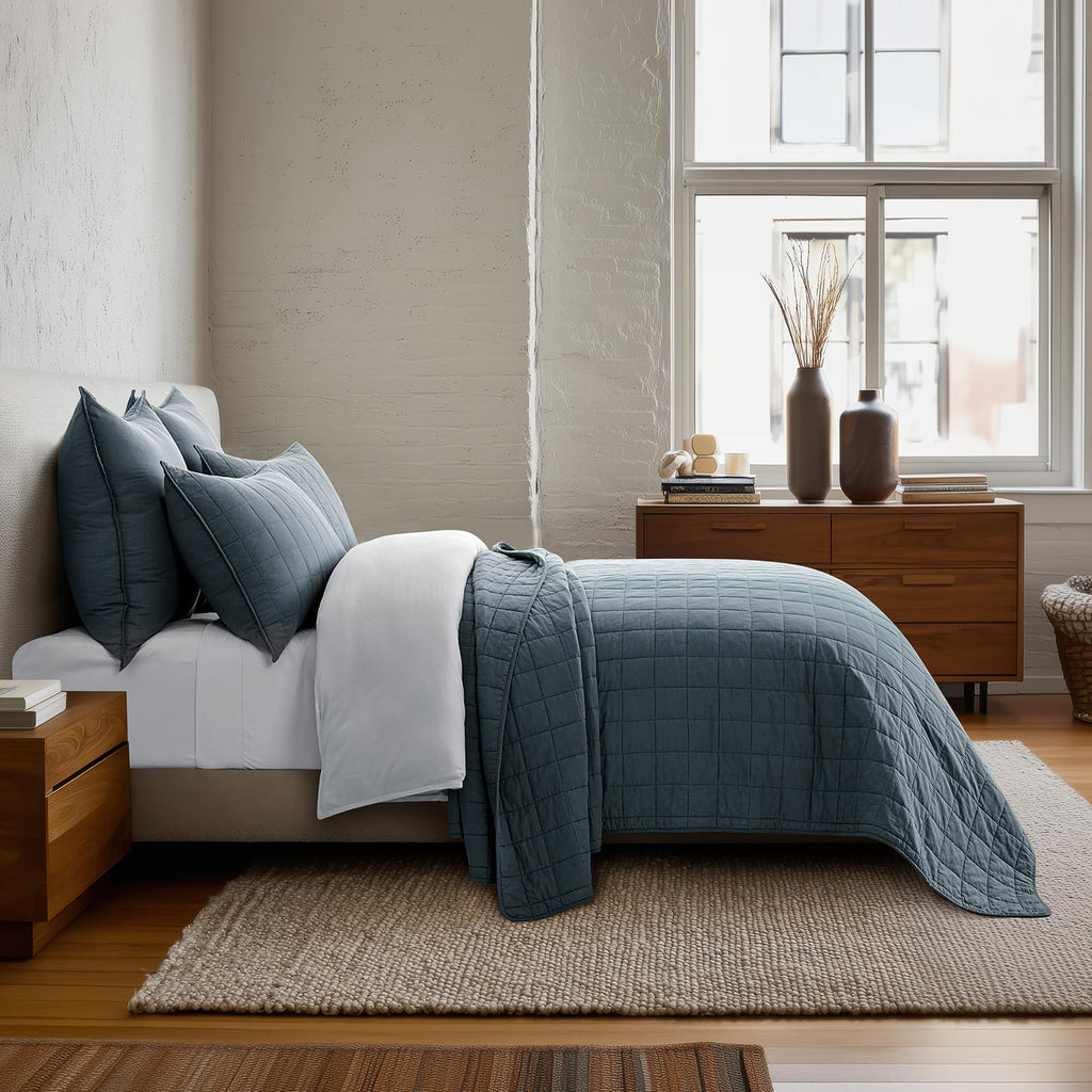100% Cotton Box Stitch Quilt Set, Midnight Blue