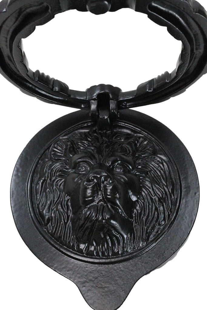 Hand Forged Cast Iron Black Royal Venetian Lion Head Decorative Door Knocker with Striking Plate Figurine Animal