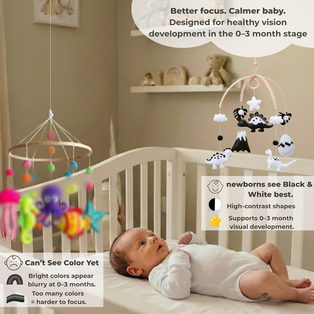 Dinosaur Crib Mobile - High-Contrast Black & White Nursery Decor for Newborn Baby Room, for Boy & Girl, Natural Wood