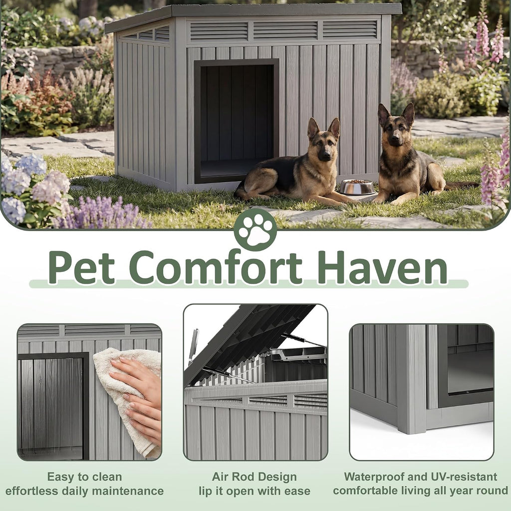 Small Dog House, Weatherproof Resin Dog House Outdoor with Sloped Roof & Ventilation, Indoor Outdoor Small Dog House