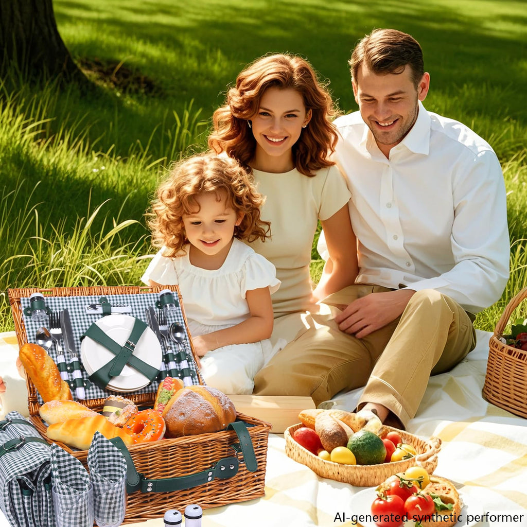 Wicker Picnic Basket Set for 4, Blanket, Cooler Bag, Cottage Plaid