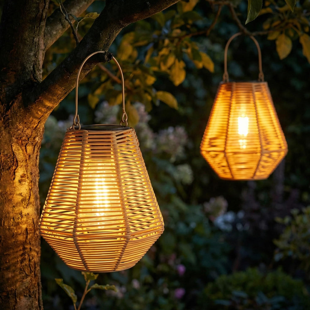Solar Lanterns Outdoor 2 Pack Rattan Hanging & Table Decor Lights