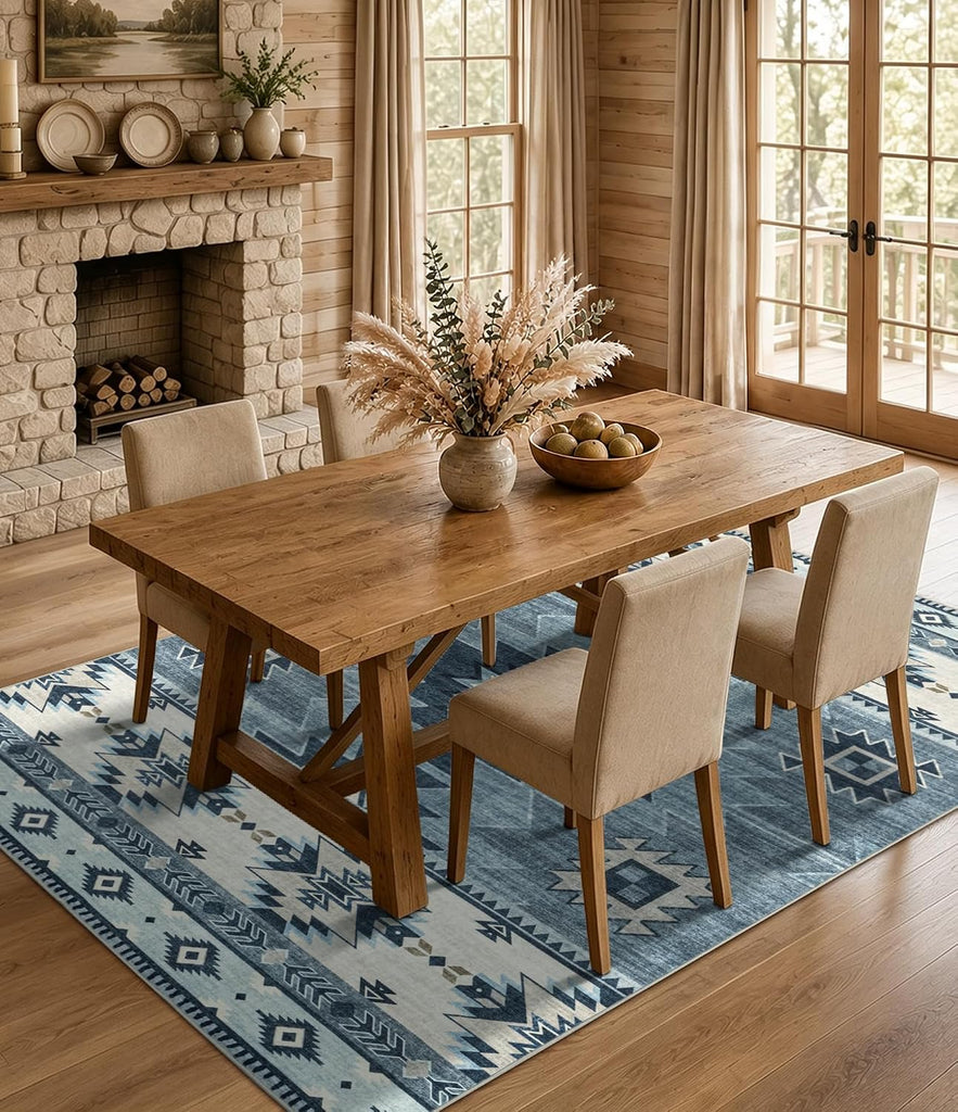 Washable Western Aztec Area Rug, Blue